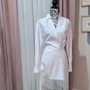 White Sassy Ruch Dress with Fringe